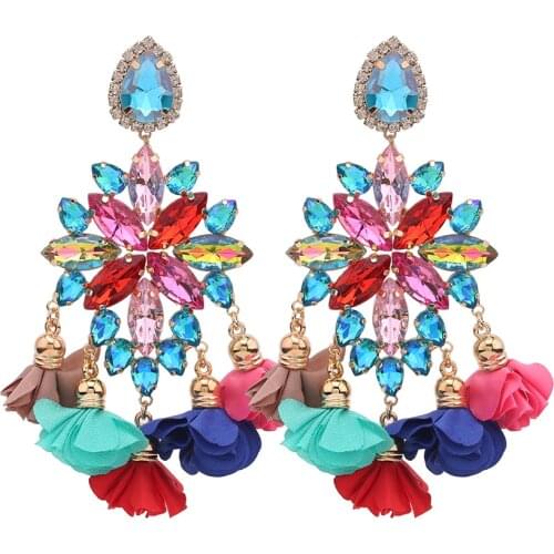 2021 New Boho Colorful Earrings Flower Tassel Earrings For Women Rhinestones Pendant Crystal Statement Earrings Fashion Jewelry