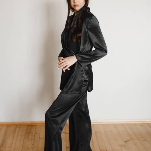 Hiloc Solid Satin Robe Sets Blue Long Sleeve Pajamas Set Women Bathrobe For Home Wear Elegant Black Sleepwear Spring Suits 2021