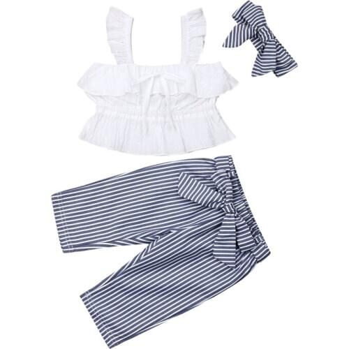 1-5T Summer New Fashion Children Toddler Kids Baby Girls Outfit Clothes Sleeveless T-shirt Tops+Stripe Pants Headband Set