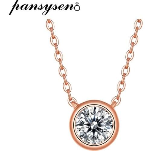 PANSYSEN 18K Rose Gold Color 1ct Round Moissanite Pendant Necklaces Solid 925 Sterling Silver Fine Jewelry for Woman Girl Gift