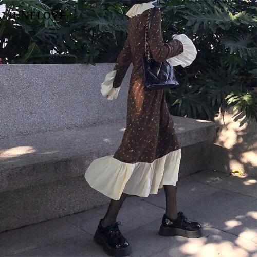 JuneLove 2021 Women Elegent Ruffle Print Dress Female High Waist Winter Autumn Korean Party Dress Lady Retro Long Sleeve Vestido