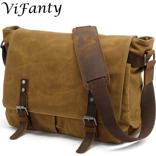 Mens Messenger Bag, Canvas Leather Messenger Bag, Waterproof Laptop Messenger Bag For 15.6 inch Laptop,Vintage Satchel