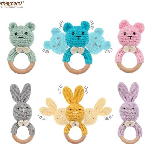 TYRY.HU New-Style Large Crochet Wooden Ring Baby Cartoon Cute Tooth Tape Rattle Chewing Teeth Care Molar Baby Toys Accessories