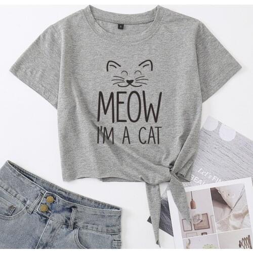 Meow I'm A Cat Knotted Crop Top Shirt Womens Summer Short Sleeve Cotton T-Shirt Cropped Tops Graphic Tee with Front Tie Knot