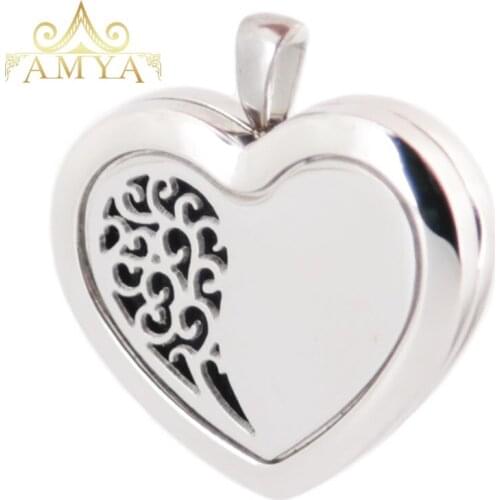 Amya Jewelry 30mm Heart Family Tree Aromatherapy Essential Oils Stainless Steel Perfume Diffuser Locket Necklace with chain Pads