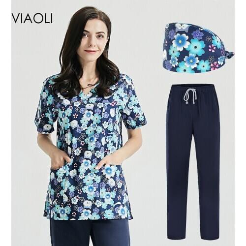 Multicolor Scrubs Tops with Pockets V Neck Shirt for Women Short Sleeved Pet Grooming Uniforms Cartoon Printing Scrubs Uniforms