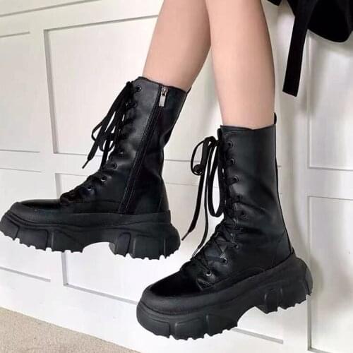 2021 New Mid Calf Boots Women Shoes Autumn Winter Fashion Cool Lace Up Zipper Motorcycle Boots Women Chunky Heels Platform Shoes