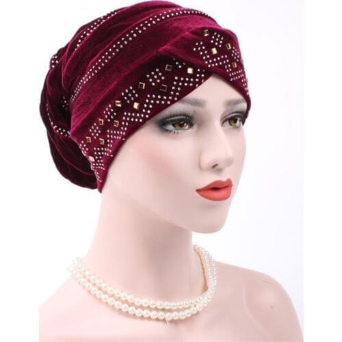 New Woman Hijabs Velvet Big Rhinestone Turban Head Cap Hat Beanie Ladies Hair Accessories Muslim Scarf Cap Hair Loss 12 Colors