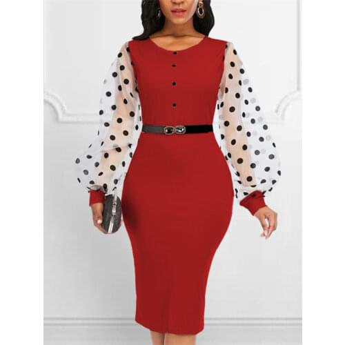 Women Dresses O Neck Patchwork Transparent Mesh Long Sleeves Polka Dot Classy Elastic Elegant Office Lady Modest Female African