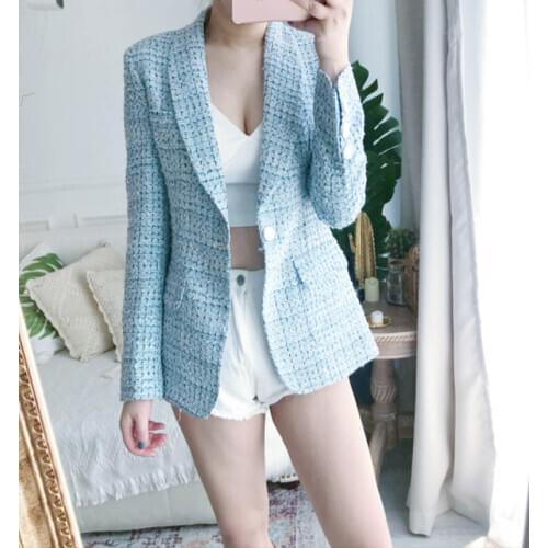 Spring Summer Women Blue Thin Tweed Pants Top Brand High Waist Office Ladies Slim Fit Trousers Straight Ankle Length Pants