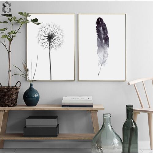 Watercolor Black Feather Canvas Art Print Poster, Wall Pictures for Home Decoration, Dandelion Giclee Wall Decor Minimalist ART
