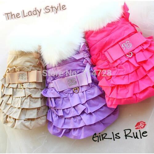 Free Shipping ON SALE Winter Faux Fur Collar Dog Parka Cotton Padded Vest Dress Coat Puppy Pet Frock Clothes Apparel