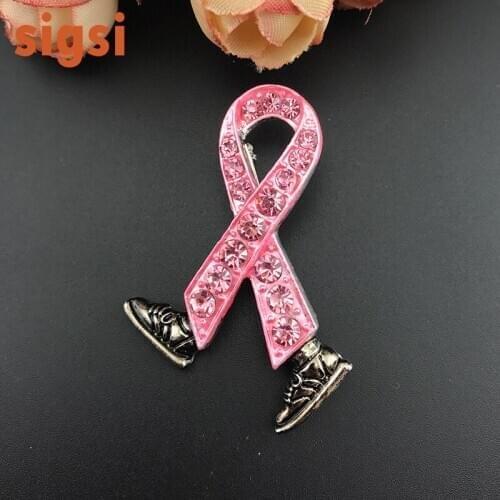 Breast Cancer Awareness Brooch Pin Pink Ribbon Rhinestone Walking Ribbon Brooch