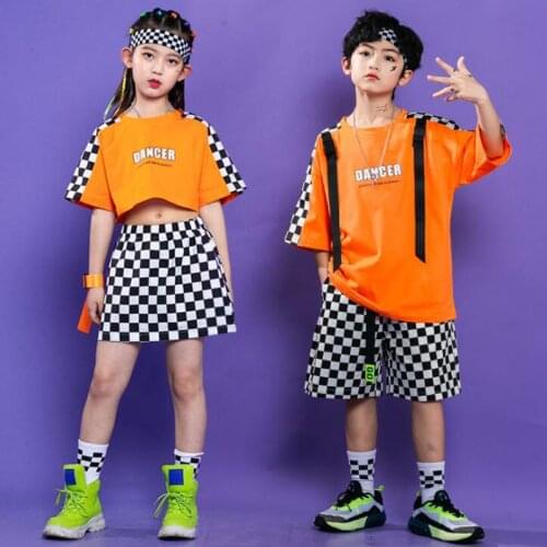 Kids Concert Hip Hop Clothing Tee Oversized Crop T Shirt Streetwear Checkered Summer Shorts Skirt for Girls Boy Dance Costume