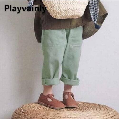 2021 Korean Style New Autumn Boys Girls Pants Elastic Waist Loose Pocket Casual Cotton Trousers Kids Simplicity Clothes E123