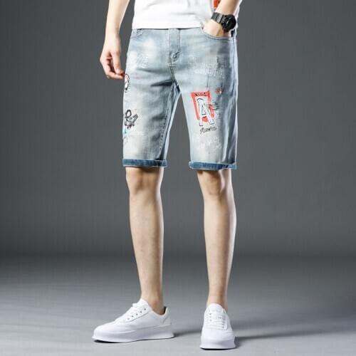 Fashion Hipster Denim Shorts Mens Summer Light Blue Print Jeans Pants Hommes Knee Length Lightweight Straight Cowboys Trousers
