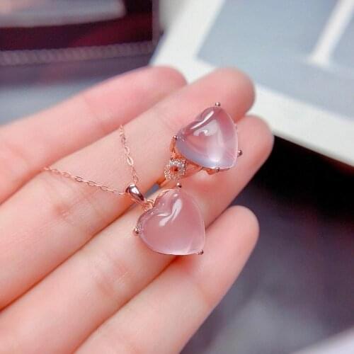 Elegant Temperament 100% Real and Natural Rose Quartz Set 925 sterling silver,1pc Ring,1pc Pendant
