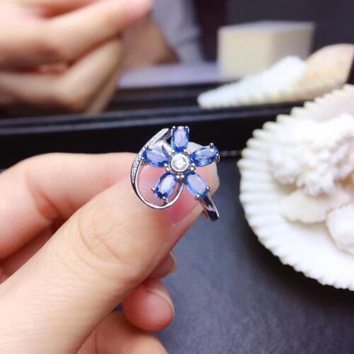 Natural blue sapphire gem Ring Natural gemstone ring 925 sterling silver trendy Elegant Flower women party girl gift Jewelry