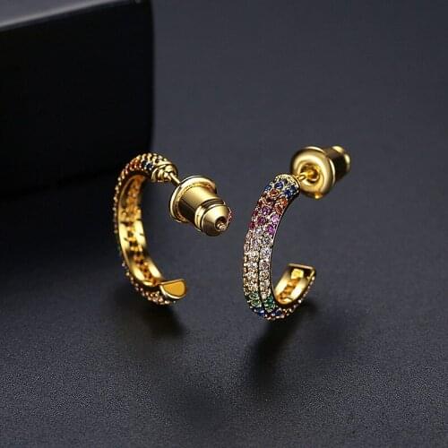 Luxury Female Rainbow Crystal Small Earring Rose Gold Color Silver Stud Earrings Trendy Round Zircon Wedding Earrings For Women