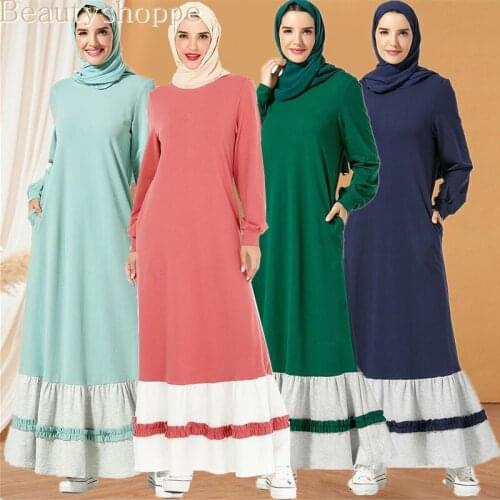 Muslim Womens Maxi Long Dress Fashion Loose Hit Color Patchwork Ethnic Embroidery Plus Size Party Dresses Autumn 2019
