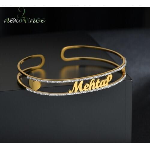 Nextvance Customized Nameplate Name Bracelet Gold Stainless Steel Zircon Personalized Custom Cuff Bangles For Women Jewelry Gift