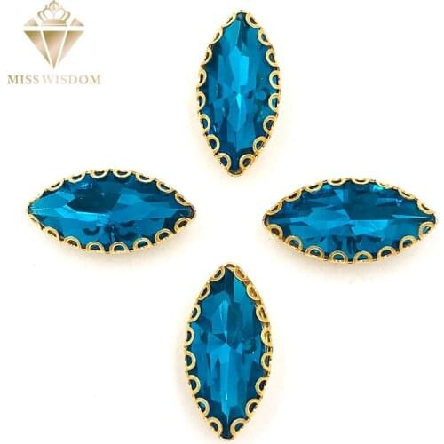 NEW 7X15mm Peacock blue Leaf shape sew on rhinestones gold base with hole lacy claws glass crystal rhinestone Diy accessories