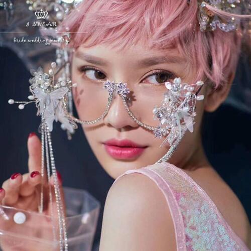 New Handmade Metal Fairy Dream Rhinestone Butterfly Flower Beading Tassels Photo Shooting Glasses Cosplay eyewear Accessories