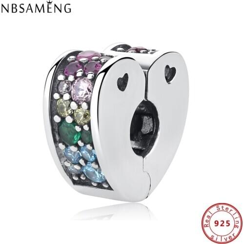Original 100% 925 Sterling Silver Bead Charm Arcs of Love Clip Charms Rainbow Heart Pave CZ Fit Bracelets Women DIY Fine Jewelry