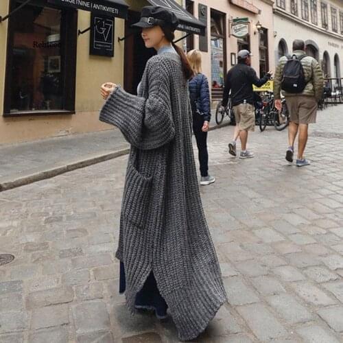 Autumn and Winter New Women Loose Casual Thick Wool Plus Long Cardigan Sweater Gray Knitted Jacket Long Coats Overcoat