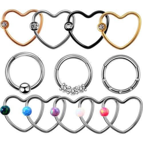 1pc Steel Clip Earring Heart Septum Piercing 16G Helix Piercing Crystal Daith Heart Captive Bead Earring Nose Piercings Jewelry