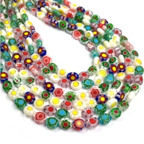 Millefiori Flower Lampwork Glass Beads Elliptical Loose Spacer Beads for DIY Charm Necklace Bracelet Jewelry Making Size 6x8mm