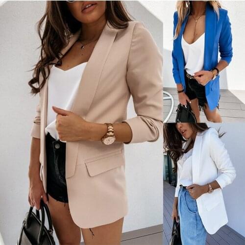 Spring Women Solid Suit Jacket Elegant Slim Single Button Basic Coat Female Fashion Casual Turn-Down Collar Long Sleeve Overcoat