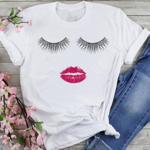 Women Sweet Eye Sleep Ladies Eyelash Make Up Cartoon Summer Fashion Lovely Clothes Print Short Sleeve Tops Tees Tshirt T-Shirt