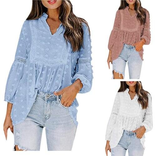Womens Fashion Blouse Hollow knitted Casual Chiffon Long Lantern Sleeve Top Elegant Breathable Blouse ropa mujer 2021 New
