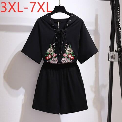 New 2021 Ladies Summer Plus Size Women Large Loose Black Floral Hoodie T-Shirt And Shorts Two Pieces Suit 3XL 4XL 5XL 6XL 7XL