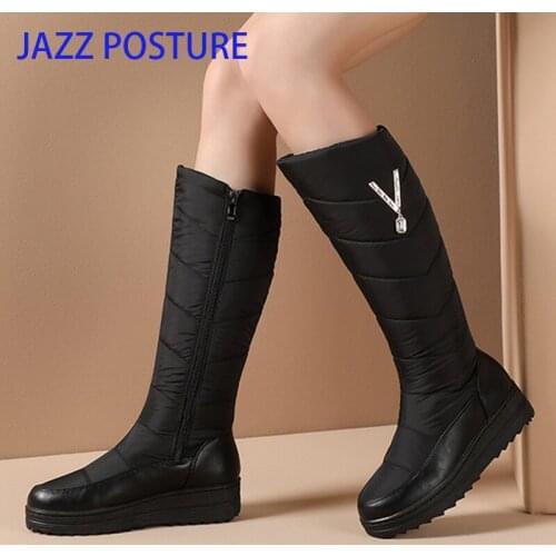 Snow Boots Women Winter Warm Platform Fur Rhinestone Wedges Heels Knee High Boots Women Leather Boots Bota Women Shoes z430