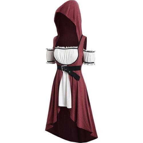 Women V collar Hooded Gothic Long Sleeve Cosplay Dresse Lace up Renaissance Dress Medieval Hedge Dress Short Medieval Dress