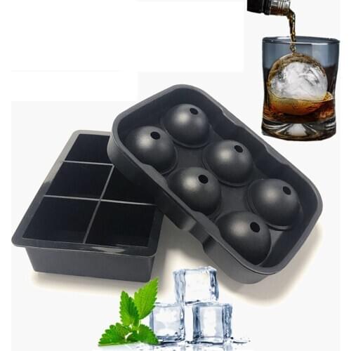 2 sets/lot Black Square and Ball 6 Hole Grade Silicone Ice Cube Set Drinking Wine Tray Brick Round Maker Mold Sphere Mould Party