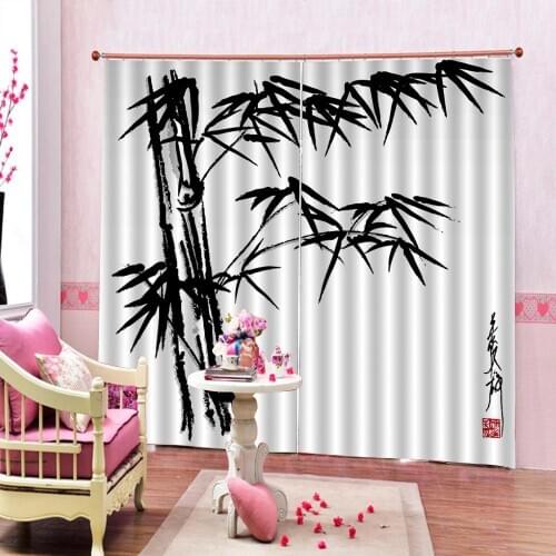 Modern Bamboo Indoor Decor Curtain Chinese Ink bamboo For Living Room Bedroom Blackout Window Drapes Sets (Left and Right Side)