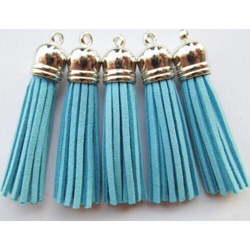 Free Shipping 100Pcs 59mm Fresh Blue Suede Leather Jewelry Tassel For Key Chains/ Cellphone Charms Top Plated End Caps Cord Tip