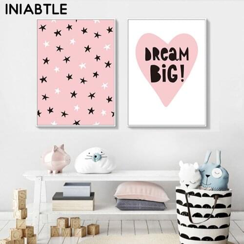 Pink Heart Star Dream Big Nursery Wall Art Canvas Poster Child Print Simple Painting Nordic Kids Picture Baby Girl Room Decor