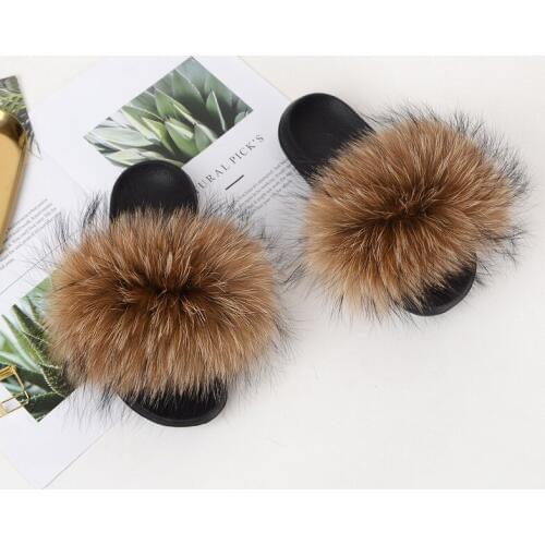 FURFEER Women Fur Slippers Women Real Fox Fur Slides Home Furry Flat Sandals Female Cute Fluffy House Shoes Woman Brand Luxury
