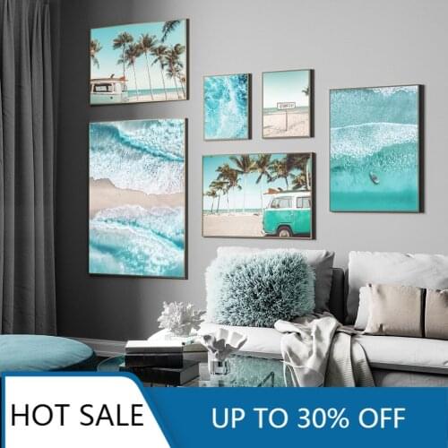 Canvas Painting Scandinavian Tropical Landscape Posters Modern Prints Sea Beach Bus Palm Tree Wall Art Nordic Decoration Picture