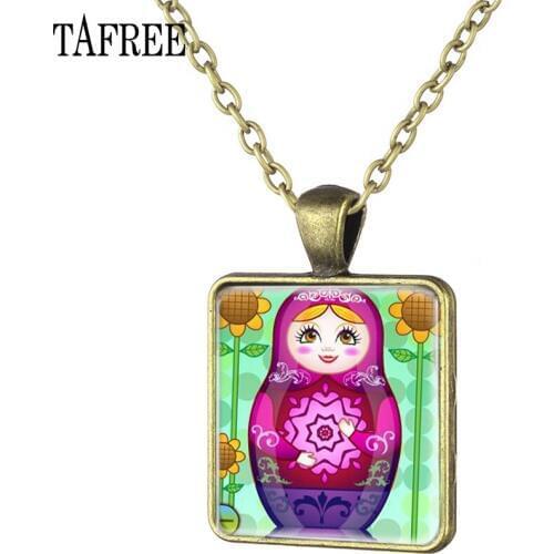 TAFREE Matryoshka Square Necklace Russian Classic Picture Antique Bronze Plated Baby Girl Doll Photo Choker Jewelry TW28