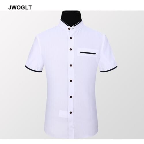 Summer Fashion Stand Collar Mens Short Sleeve Shirt Korean Cotton Slim Fit Button-Down Social White OXford Shirts 4XL 5XL
