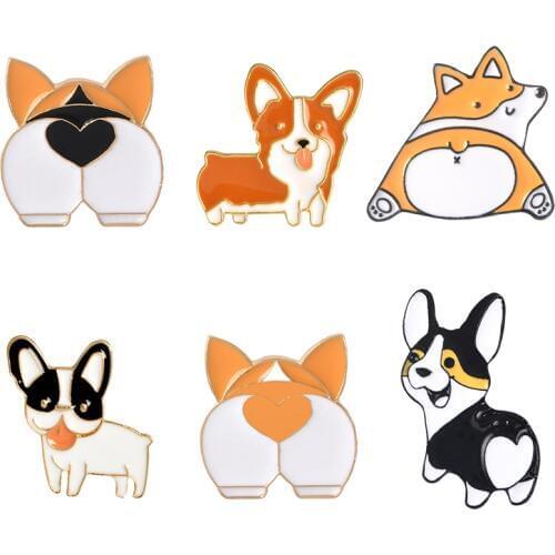 Cute Funny Heart Butt Dog Corgi Bulldog Brooch Enamel Pins Cartoon Animal Bag Clothes Accessories Jewelry Gift for Women Men