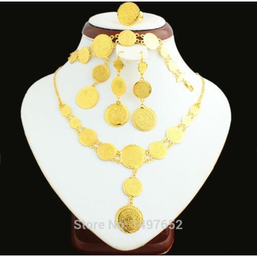 Newest Dubai gold coins jewellery set Gold Color Turkish Egyptian Algeria Ethiopian Moroccan Saudi girls women jewelry