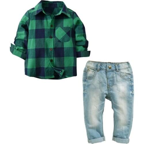 Oklady 2019 New Arrival Boys Suit Shirt +pants 2pcs/set Jeans Plaid Cardigan Jacket Gentleman Suit Denim Kids Clothes Set