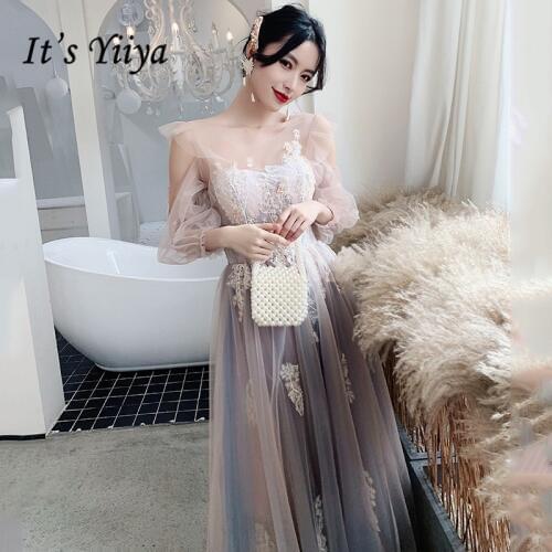 Its Yiiya Long Sleeve Evening Dresses Appliques Embroidery A Line Crepe Formal Gowns O-Neck Illusion Party Dress Vestido K254