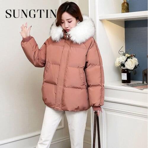 Sungtin Winter Thicken Warm Hooded Parkas Women with Fur Collar Oversized Korean Loose Female Jackets Fashion Causal Outerwear